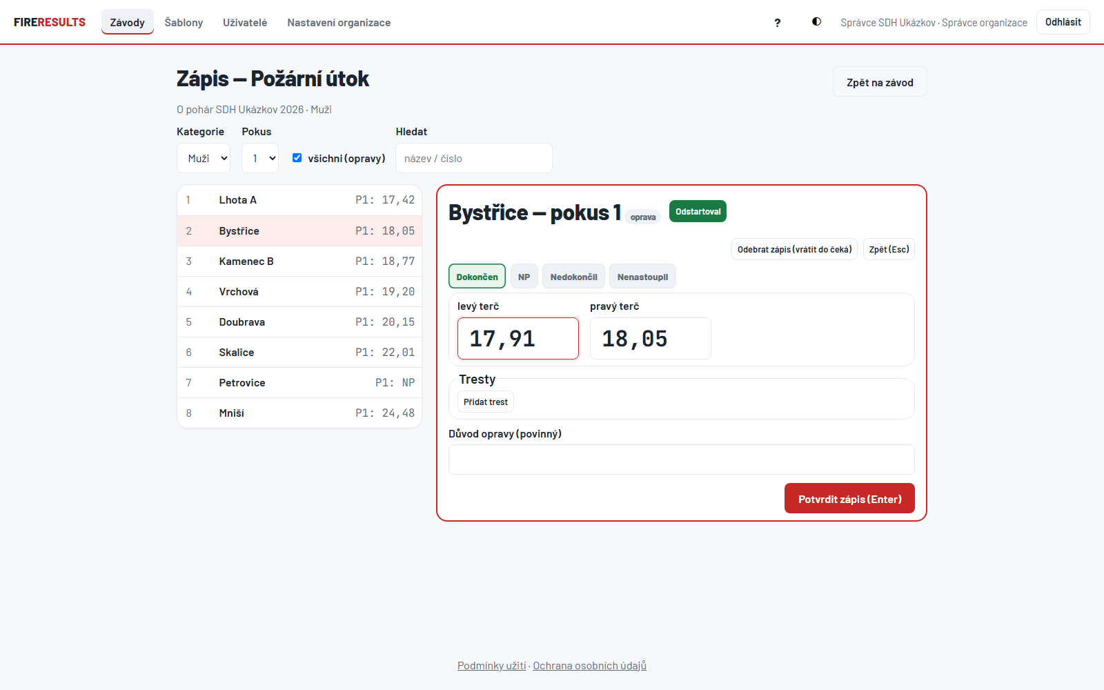 Administrace FireResults — správa závodu a zápis pokusů